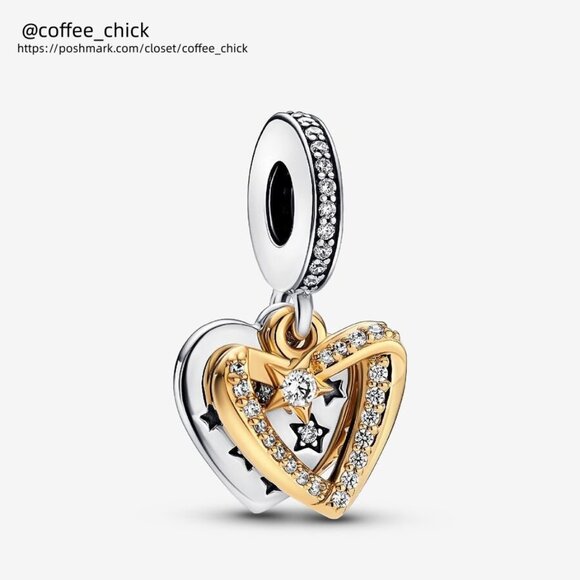 Pandora Shooting Star Hearts Double Dangle Charm|Two-tone - Picture 1 of 2